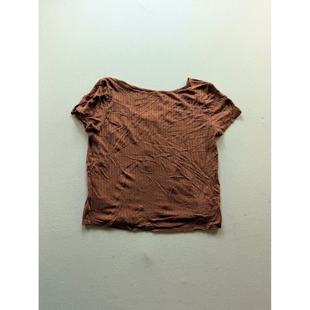 Andrew Marc Henley Top Womens Medium Brown Good Crinkle Short Sleeve Button